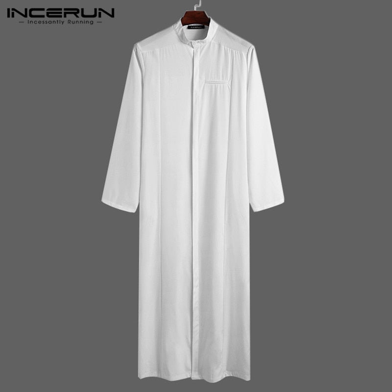 Men Muslim Clothes Solid Colour Jubba Thobe Long Sleeve