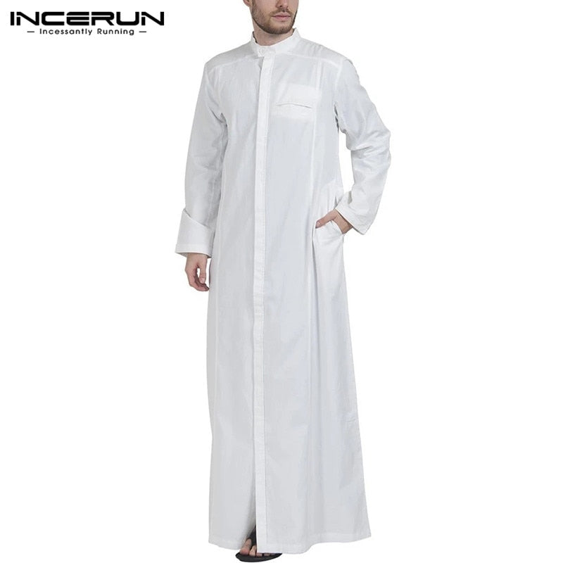 Men Muslim Clothes Solid Colour Jubba Thobe Long Sleeve