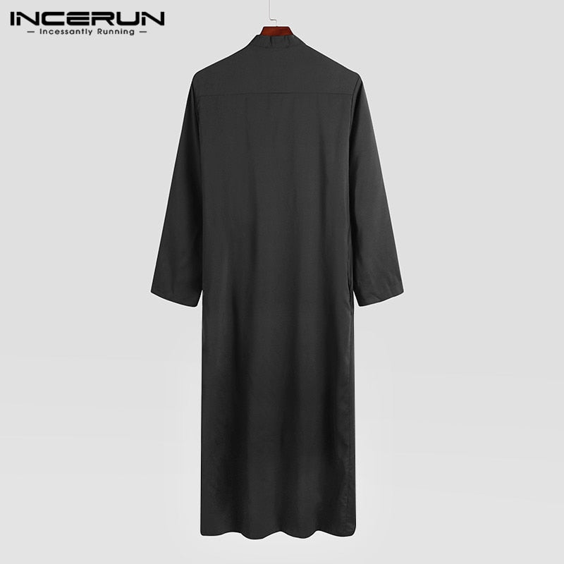 Men Muslim Clothes Solid Colour Jubba Thobe Long Sleeve