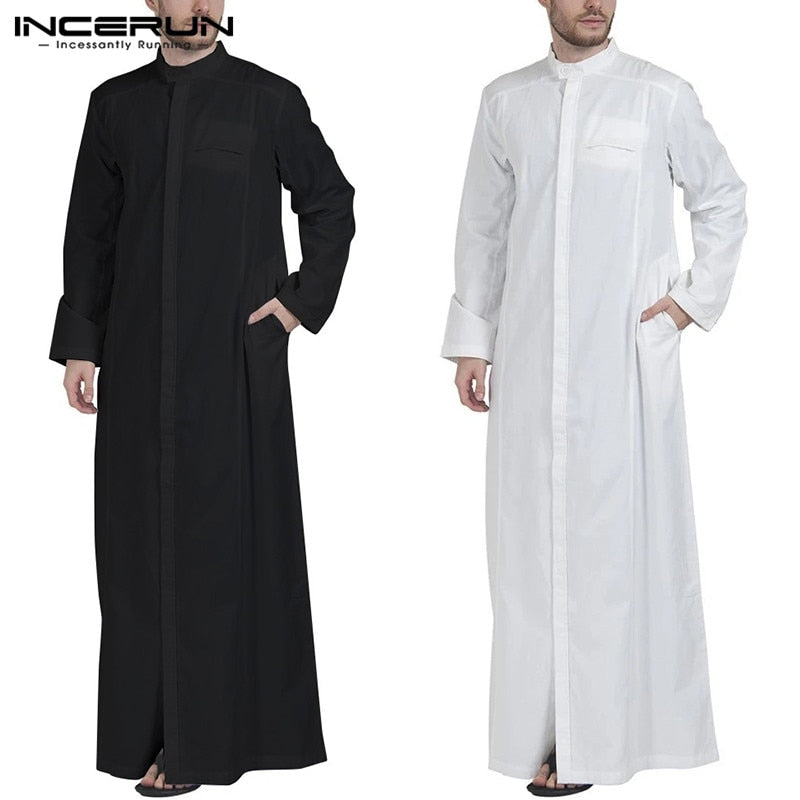 Men Muslim Clothes Solid Colour Jubba Thobe Long Sleeve